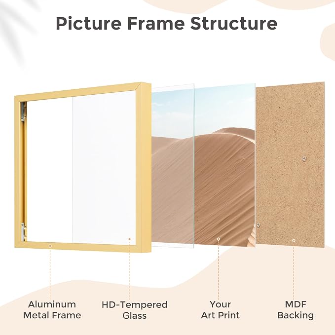 FLYJOE 7x7 Metal Picture Frame - Gold Aluminum Square Frames with Real Glass, Wall Mounting Horizontally or Vertically, Simple and Elegant Decor for Wall Gallery Poster Photo Frames, Gold