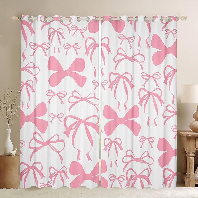 Feelyou Bow Room Darkening Blackout Curtain (2 Panels, 42 x 63 Inch) Black Cute Bowknot Curtains for Bedroom Living Room Pink Girls Bow Blackout Curtains Kawaii Bow Window Treatments