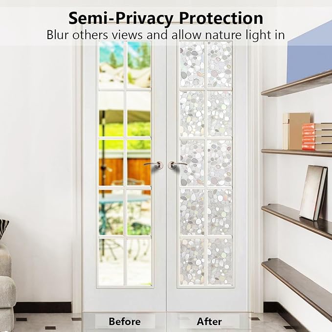 Lemon Cloud Window Privacy Film, Stained Glass Decorative Static Clings, Frosted UV Blocking Colorful Rainbow Window Stickers, Renter-Friendly Non-Adhesive Vinyl Covering, Pebble Pattern, 35.4"×157.4"