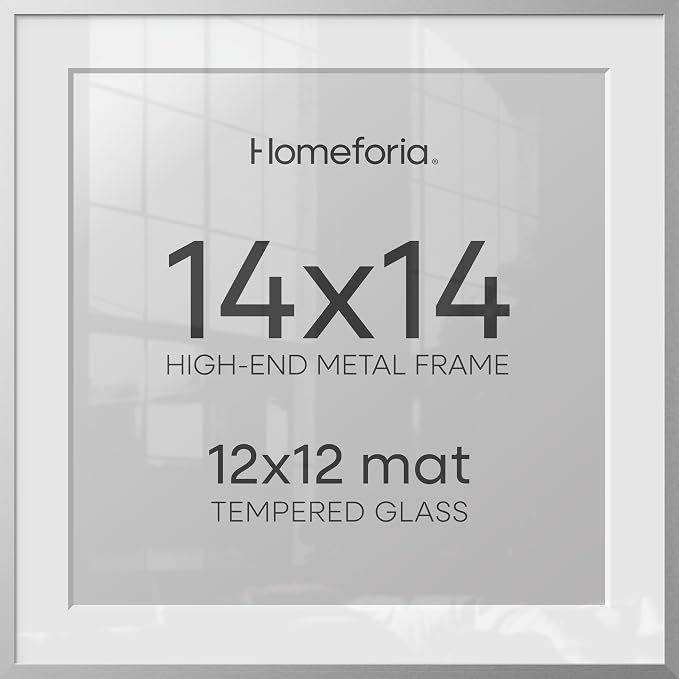 Homeforia Silver 14x14 Picture Frame, High End Metal 14 x 14 Square Frame with Mat 12 x 12 Photo, 14x14 Poster Frames Matted to 12x12 Print, 14 by 14 Hanging Frames, Tempered Glass, Wall Kit, Set of 2