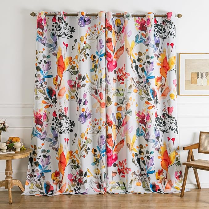 100% Blackout Curtains for Bedroom 63 inch Long 2 Panels Set Floral Colorful Vintage Flowers Patterned Black Out Curtains Room Darkening Thermal Insulated Window Drapes for Living Room, 52Wx63L