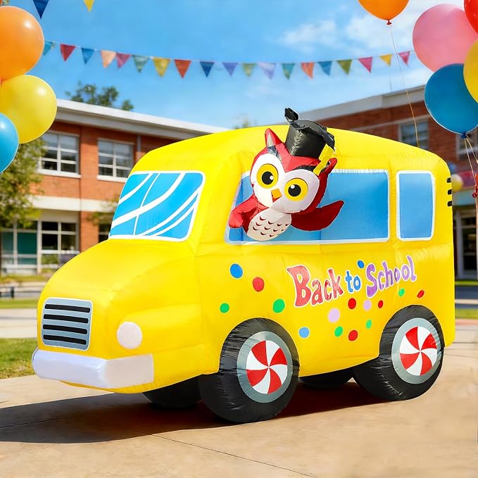 DomKom 6FT Back to School Inflatable Professor Owl & School Bus with LED Lights – Blow Up Decor for Kindergarten First Day, Welcome Back & Graduation Parties, Ideal for Patio, Garden & Yard Décor
