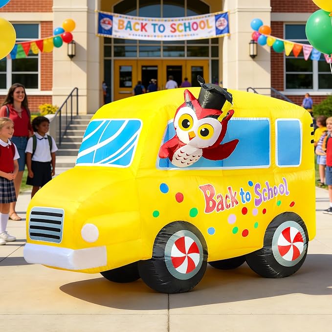 DomKom 6FT Back to School Inflatable Professor Owl & School Bus with LED Lights – Blow Up Decor for Kindergarten First Day, Welcome Back & Graduation Parties, Ideal for Patio, Garden & Yard Décor