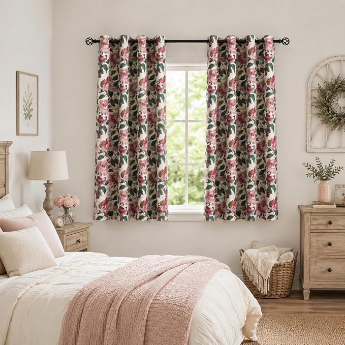 ALIGOGO Pink Floral Curtains for Living Room 63 Inch Length, Linen Flower Printed Pattern Shabby Chic Pink Curtains, Light Filtering Short Coquette Floral Drapes for Bedroom, 2 Panels 50" W x 63" L