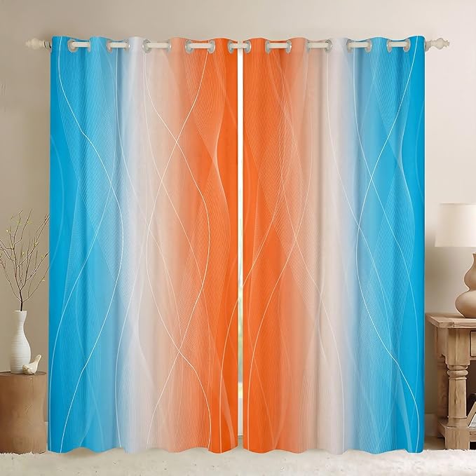 jejeloiu (2 Panels, 38 x 45 Inch Orange and Blue Darkening Drapes Strip Lines Curtains for Bedroom Living Room for Kids Women Men Ombre Printed Blackout Curtains Geometric Window Treatments