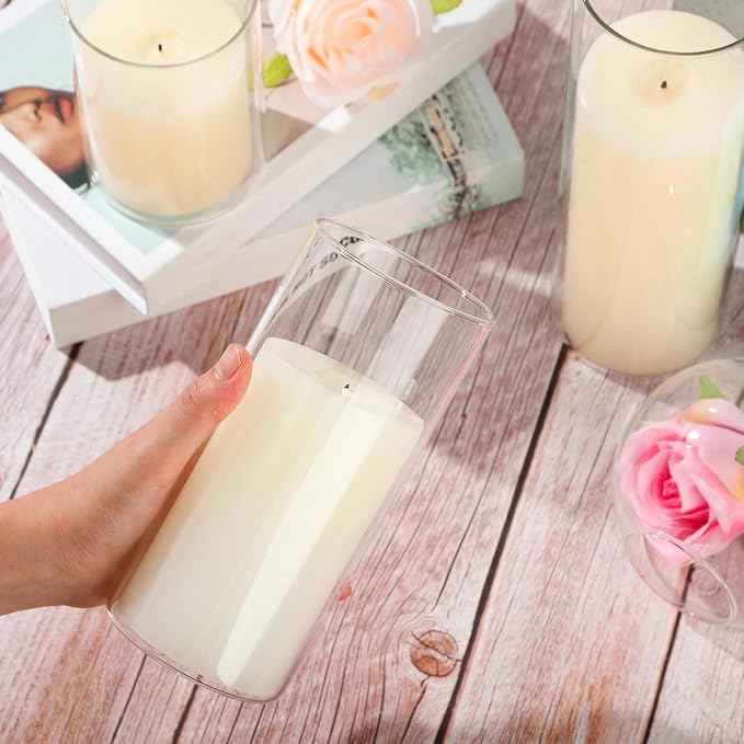 Shihanee Set of 3 Pillar Candles and 3 Glass Cylinder Candle Vases Holders Clear Pillar Jars for Wedding Centerpieces(3.4'' X 7", 9.8", 11.8",Ivory White)