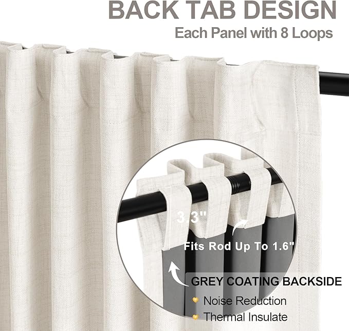 INOVADAY 100% Blackout Curtains 90 Inches Length 2 Panels Set, Back Tab/Rod Pocket Linen Black Out Curtains for Bedroom, Thermal Insulated Window Drapes - Beige White, W50 X L90