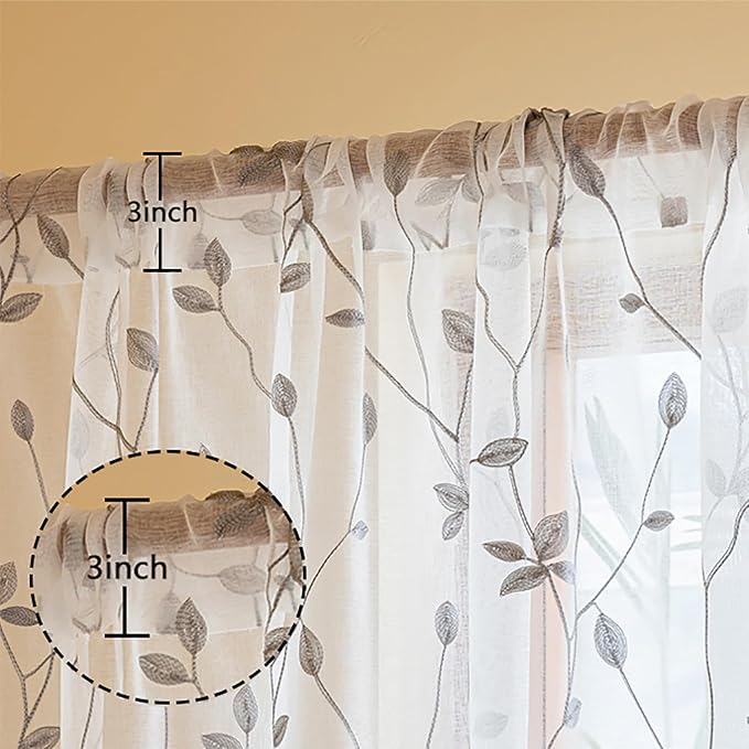 AmHoo 2 Panels Embroidered Leaf Pattern Semi Sheer Curtains Foliage Floral Voile Window Draperies Treatment for Bedroom Living Room Rod Pocket White Light Gray 53 x 95 Inch