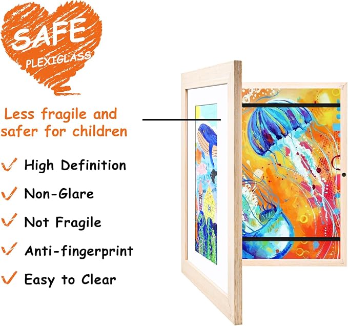KINLINK 8.5x11 Kids Art Frame 2 Pack, Solid Wood Artwork Frames Changeable, Front Opening Hold 150 Pictures, Art Frames for Kids Artwork, 6x9 with Mat 8.5x11 without Mat, Picture Frames Natural