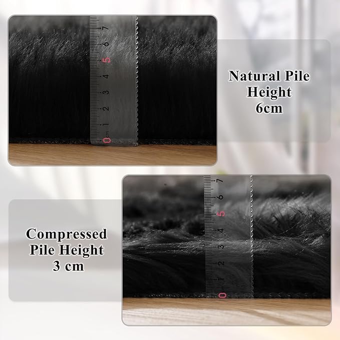 ORINOVA Black Shag Washable Furry Fur Area Rugs for Bedroom Faux Sheepskin Fuzzy Fur Nursery Rug Runners 2x6 Cute Room Décor