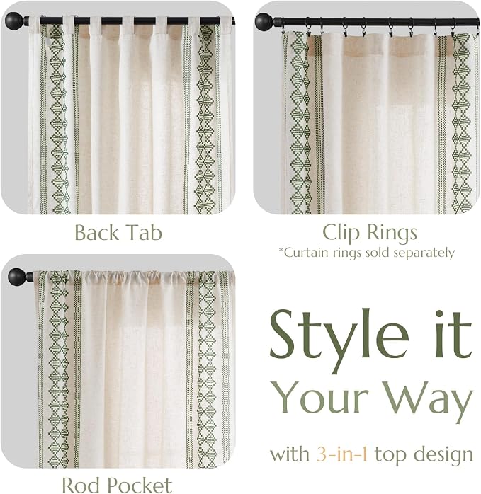 jinchan Boho Curtains Linen Blend Beige Farmhouse Curtains 63 Inches Long for Living Room Sage Green Square Embroidered Bordered Back Tab Bedroom Window Light Filtering Bohemian Drapes 2 Panels