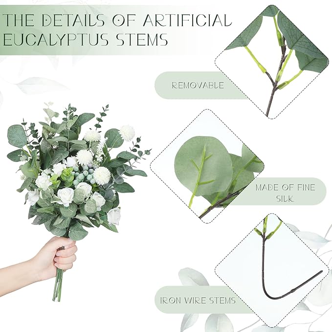 Giegxin 1000 Pcs 3 Kinds Mixed Artificial Eucalyptus Leaves Stems Bulk Silver Dollar Leaves Picks Dried Eucalyptus Bundle Faux Spray for Wedding Vase Bouquet Floral Arrangement (Green)