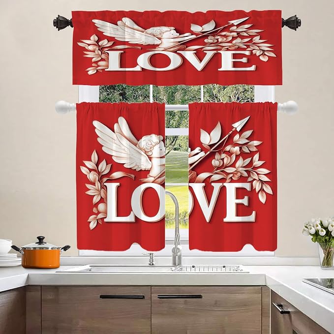 Shrahala Cupid Love Blackout Curtain Tiers, Romantic Love Kitchen Valance Light Blocking Tier Drapes with Rod Pocket, 2 Pack 26 X 36 in