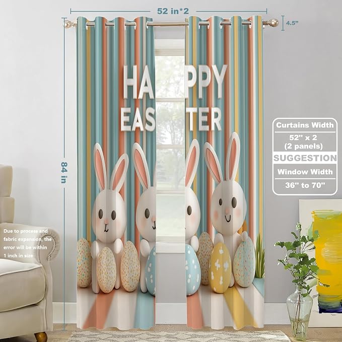 Shrahala Three Rabbits Colorful Eggs Thermal Insulated Blackout Window Curtains, Easter Celebration with Rabbits Eggs Long Drapes for Bedroom/Living Room with Plastic Grommet, 52X84 Set of 2