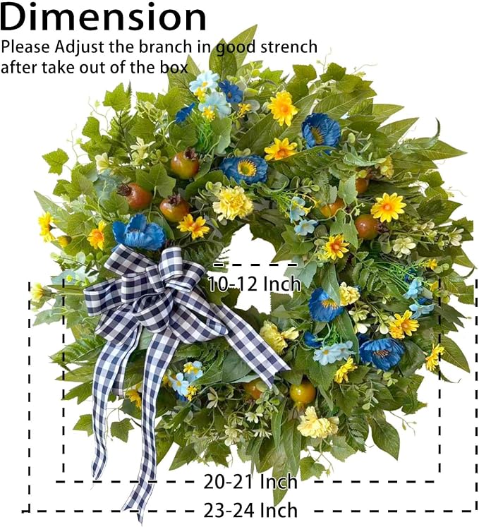 WANNA-CUL 24 Inch Blue Yellow Summer Wreath for Front Door All Season Decor | Blue Yellow Floral Wreath with Pomegranates and Daisies, 24-inch, Indoor Outdoor Farmhouse Decor for Spring Summer Fall