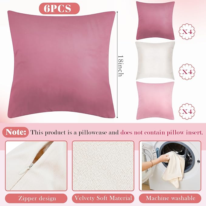 Berlune 6 Pcs Pink Picnic Velvet Throw Pillow Covers 18" x 18" White Coquette Cushion Cases Soft Pillowcase Coquette Party Accessories Couch Picnic Sofa Bed Chair Home Decor, No Inserts