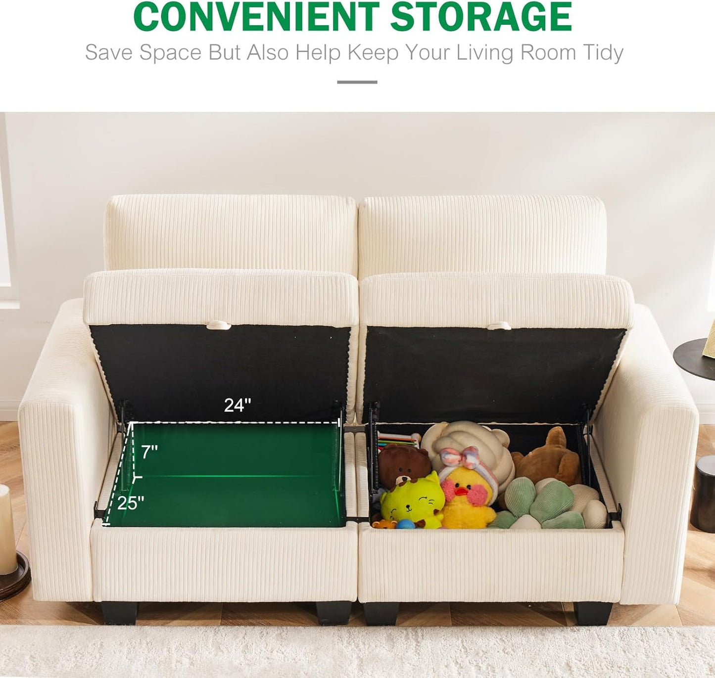 38.5 Oversized Accent Chair with Storage Ivory Corduroy Set of 2, Single Modern Accent Sofa with Arms Chair for Apartment Living Room (21" Deep Seat)