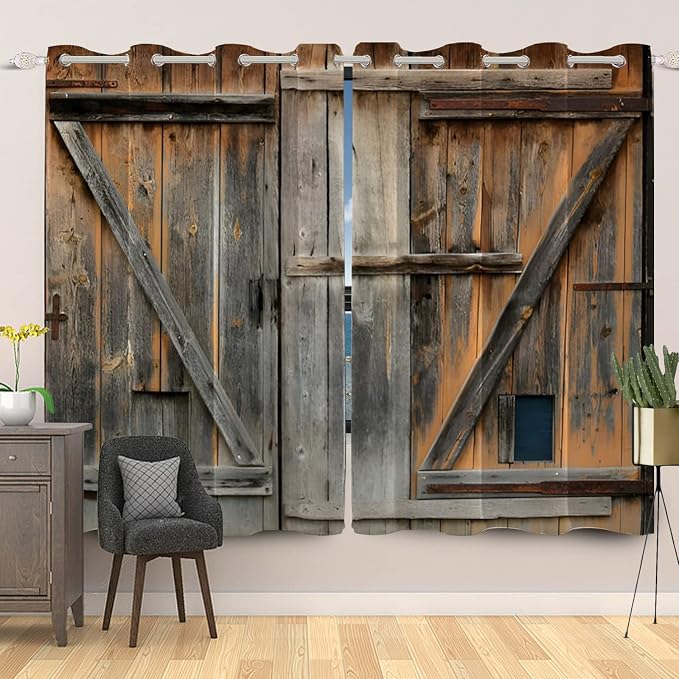 Old Grey Wood Barn Door Window Curtains American Rustic Garage Door Curtains Vintage Wooden Door Window Drapes Wood Planks Rural Style Native Farmhouse Bedroom Treatment,42x63 inch,2 Panels