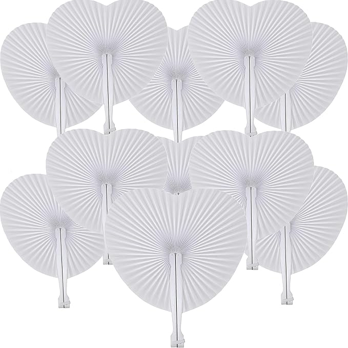 100 Pcs White Heart Paper Fans | Foldable Handheld Fans for Women,Folding Hand Fans for Wedding,Bridal Guest,Church,Party Favors,Dancing,Birthday,DIY