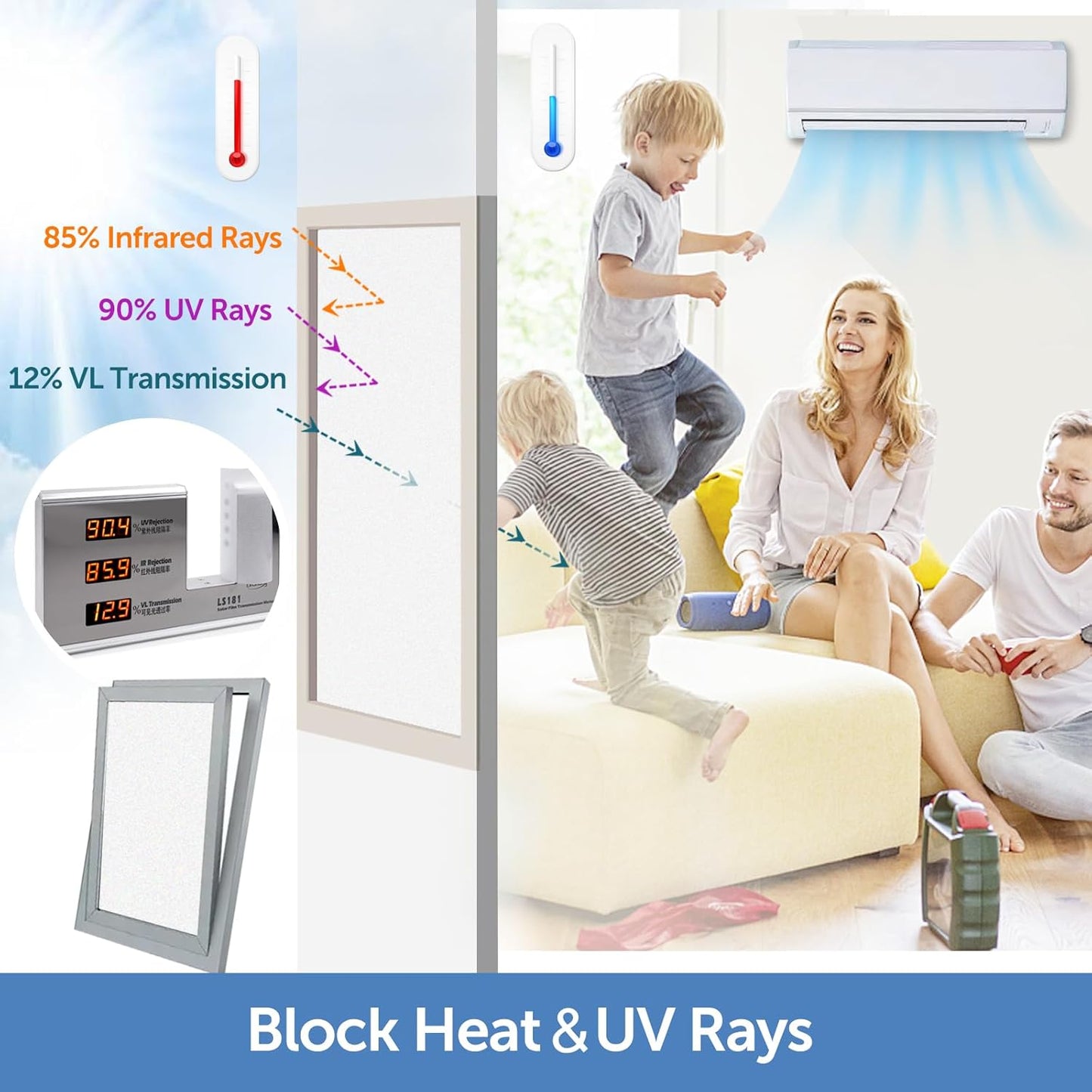 HIDBEA Frosted Window Privacy Film - Non Adhesive Static Cling Glass Stickers Sun UV Blocking Heat Control Door Covering Decals for Home Office, 17.3 x 157.3 Inch