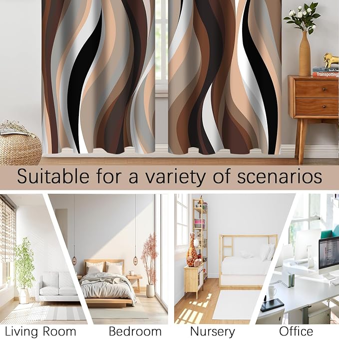 Brown Abstract Blackout Curtain, Stripe Black White Gray Aesthetic Art Window Curtains Living Room Bedroom Decor Darkening Window Drapes Treatments, 2 Panels 52x84 Inch