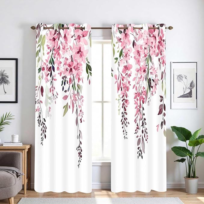 Pink Watercolor Floral Curtains, Botanical Leaves Vine Flowers Curtain, Rustic Farmhouse Flower Leaf Blackout Window Treatment Drapes for Bedroom Living Room 52x96 inch, 2 Panels