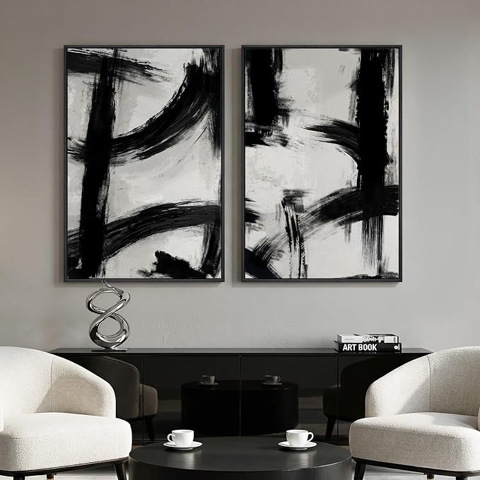 Framed Black and White Abstract Wall Art Set of 2 for Living Room, Large Mid Century Modern Canvas Artwork for Walls, Contemporary Minimalist Ink Painting Print Wall Decor for Bedroom Office, 24x36 In