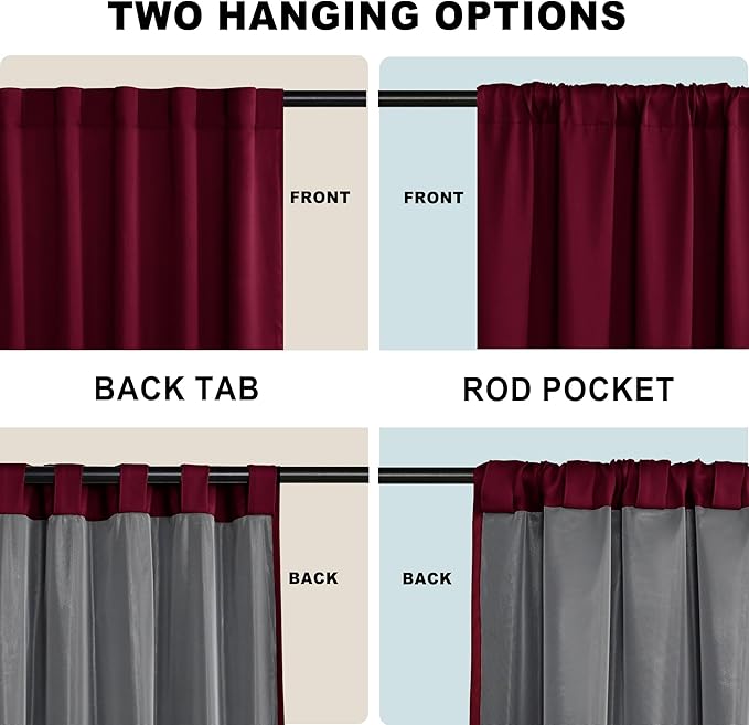 XWZO 100% Blackout Curtains with Tiebacks- Heat and Full Light Blocking Window Drapes for Home Theater, 95 Inches Long Thermal Insulated Draperies, Rod Pocket & Back Tab, Burgundy, W52 x L95, 2 Panels