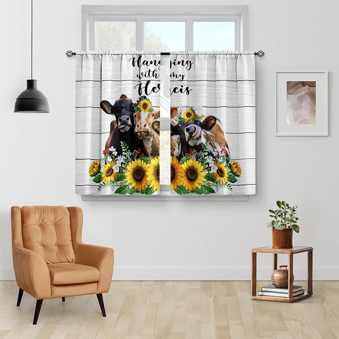 Sunflower Cow Print Kitchen Curtains - Floral Farmhouse Short Cafe Flowers Country Vintage Decor Tier Curtains Over Sink for Dining Room Rod Pocket Window Drapes 24 Inch Length 2 Panel Set, 28"x24"