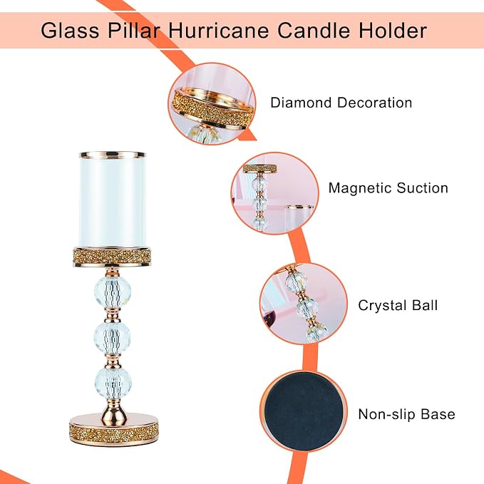 Hurricane Glass Candle Holders, Gold Pillar Candle Holders for Pillar Candle, Magnetic Glass Cover, Crystal Candlesticks Holder for Dining Coffee Table, Wedding,Events,Parties, Home Decor