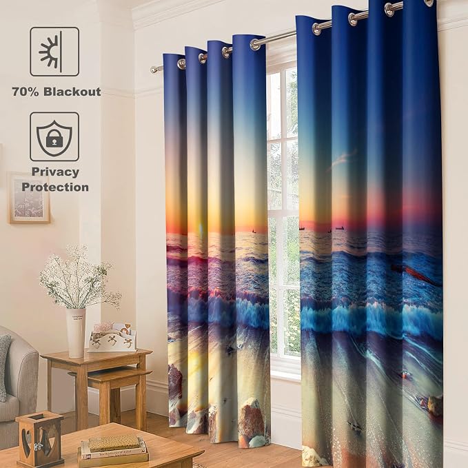 Jekeno Ocean Beach Blackout Curtains - Seaside Beach Stones Sea Waves at Dusk Sunset Scenery Print Decor Home Bedroom Living Room Darkening Grommet Window Drapes 2 Panel Set,52"x63"