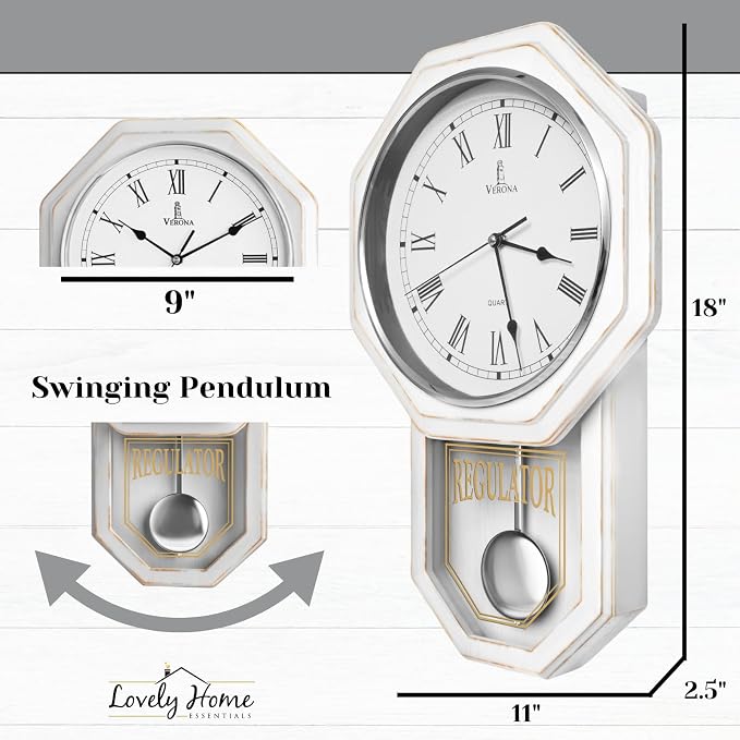 White Pendulum Wall Clock - Real Wood Regulator Clock - Rustic, Farmhouse Schoolhouse Design 18x11 - Quiet, Non-Chiming, Wooden & Battery Operated - Decorative Wall Decor for Living Room, Home, Office