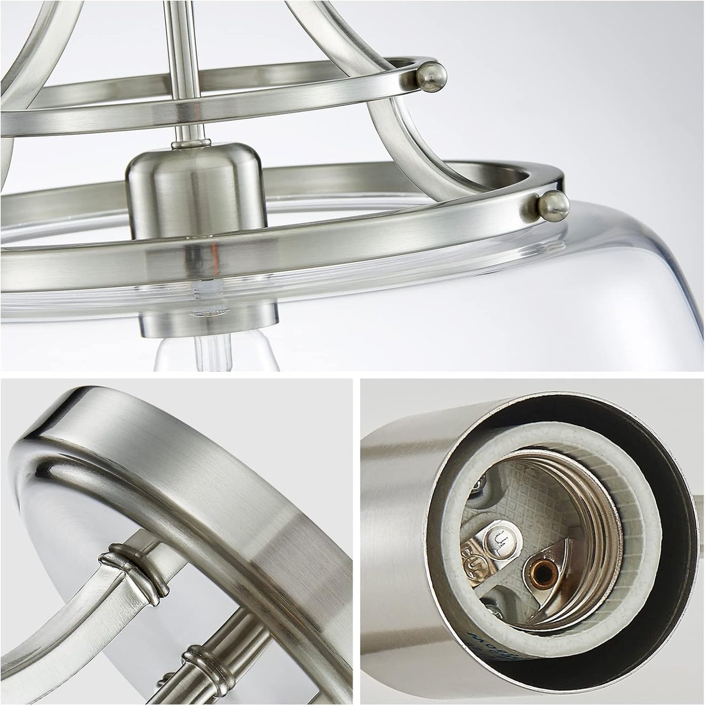 WUZUPS Chandelier Rustic Farmhouse Industrial Round Semi-flushmount Ceiling LED Light Fixture with Clear Glass Shades for Bathroom Kitchen Foyer Entryway, H 11.8" x W 13.4", E26 Base, Brushed Nickel