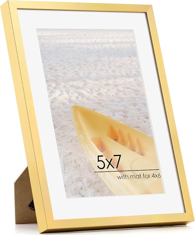 FLYJOE 5x7 Gold Picture Frame | Metal 5x7 Frame With Mat For 4x6 | 5 x 7 Aluminum Photo Frame | Plexiglass And Hanging Hardware Included | 5 By 7 Picture Frame | Gold
