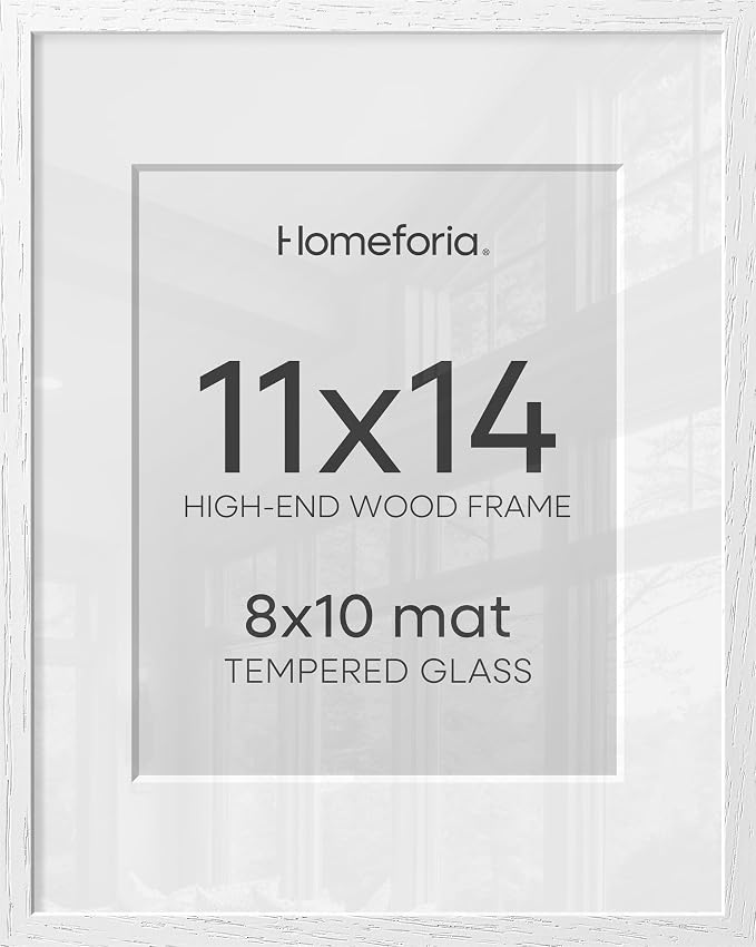 Homeforia White Frame 11x14 Wood, High End Oak 11x14 Picture Frames with Mat 8x10, 11 x 14 White Wooden Poster Frame Matted to 8 x 10 inch Photo, 14by11 Thin Frames, Tempered Glass, Wall Kit, Set of 1