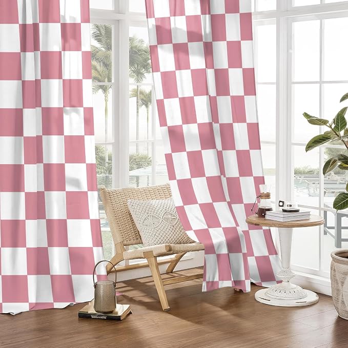Pink Checkered Curtains for Bedroom,Rod Pocket Pink and White Semi Sheer Curtains Farmhouse Retro Checkerboard Light Filtering Drapes for Living Room,Set of 2 Window Curtain Panels,52 x 84 Inch