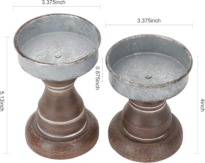 GenMous&Co. Decorative Candle Holders Pedestal Rustic Wood for Pillar Candle Farmhouse Candlestick Holder Galvanized Plate for Mantel, Dining Table, Centerpiece,Coffee Bar,Set of 2（Brown