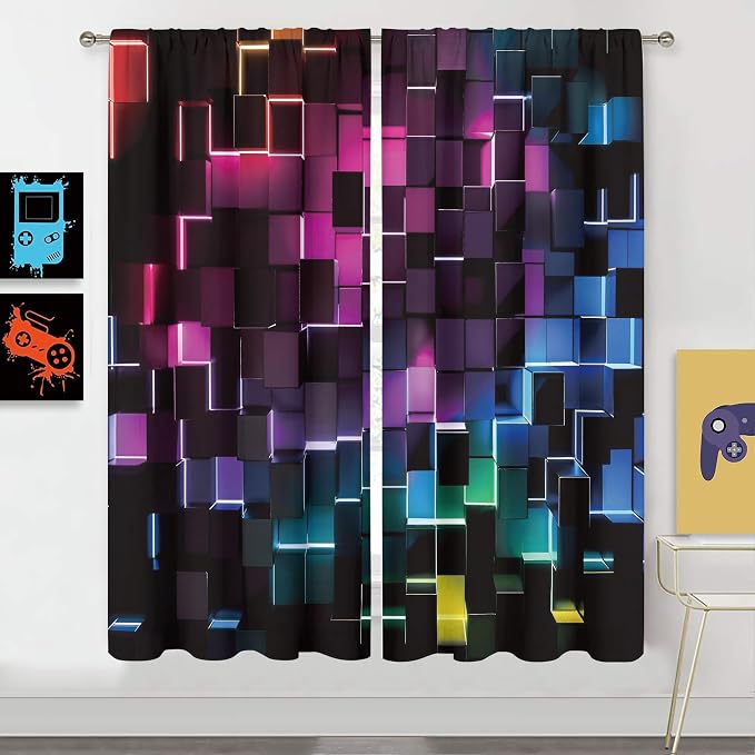 MESHELLY Colorful Curtains 42Wx63H Inch Rod Pocket Abstract 3D Geometric Cubes Gradient Design Geometry Plaid Modern Bedroom Window Drapes Men Boys Gaming Cool Printed Living Room Window Treatment