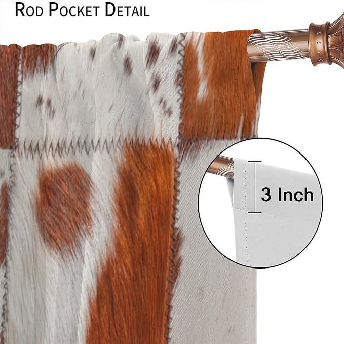 Cowhide Blackout Curtain, Rustic Farmhouse Animal Spotted Brown Cow Texture Print Drapes, Window Treatments Rod Pocket 2 Panels Curtains for Dining Room Office Kitchen Bedroom Decor 52"W X 84"L