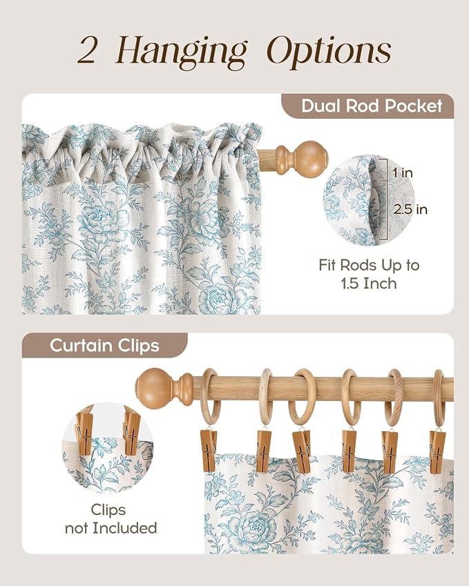 Miss Adola Farmhouse Kitchen Tier Curtains - 30 Inch Length Linen Blend Cafe Curtains Blue Floral Small Window Treatments Over Sink Rod Pocket for Bathroom Living Room Light Filtering, 2 Panels
