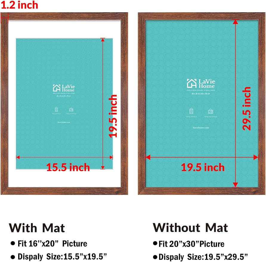 LaVie Home 20 x 30 Picture Frame Brown Poster Frame,Display Pictures 18x24 with Mat or 20x30 Without Mat, Stable and Sturdy Frame and Polished Plexiglass, Suitable for wall decoration（1 Pack）
