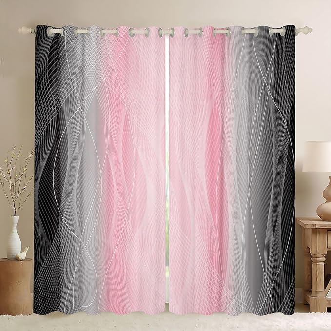 jejeloiu (2 Panels, 52 x 96 Inch Pink and Black Darkening Drapes Strip Lines Curtains for Bedroom Living Room for Kids Women Men Ombre Printed Blackout Curtains Geometric Window Treatments