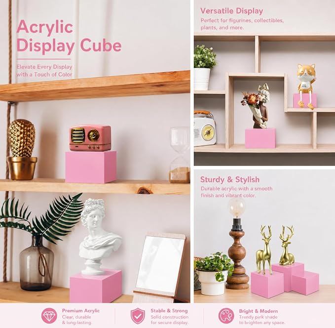 Geelin 6 Pack Acrylic Risers for Display Acrylic Cube Boxes Risers Display Stands with Hollow Bottoms Decorative Stand for Jewelry Candy Table Decor 6 Sizes(Pink,3 to 8 Inch,Square)
