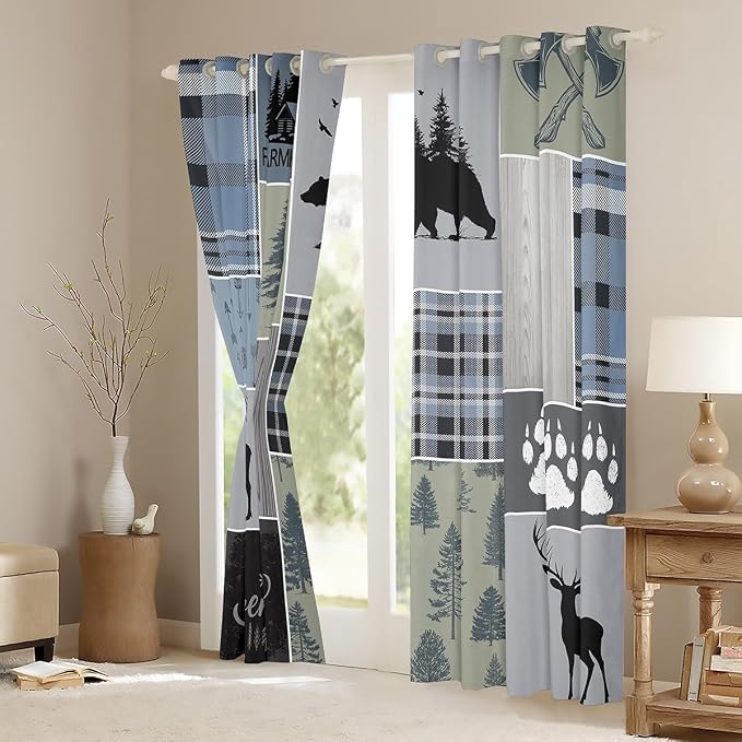 Rustic Patchwork Window Curtains, Checkered Buffalo Plaid Curtains For Kids Teens Adult, Woodland Wildlife Bear Moose Elk Pine Trees Pattern Printed Blackout Curtains Farmhouse Decorations,42"Wx84"L