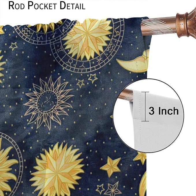 Boho Sun Moon Blackout Window Curtains, Bohemian Golden Sun Moon Stars Print Rod Pocket Window Drapes, for Living Room Bedroom 72x63in 2 Panels