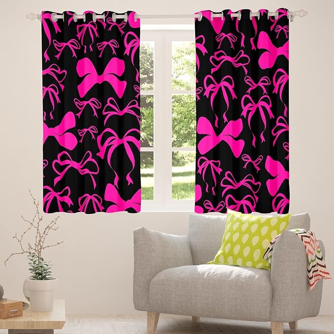 Feelyou Cute Bowknot Room Darkening Blackout Curtain Boys Girls (2 Panels, 42 x 84 Inch) Bow Curtains for Bedroom Living Room Pink Girls Bow Blackout Curtains Kawaii Window Treatments