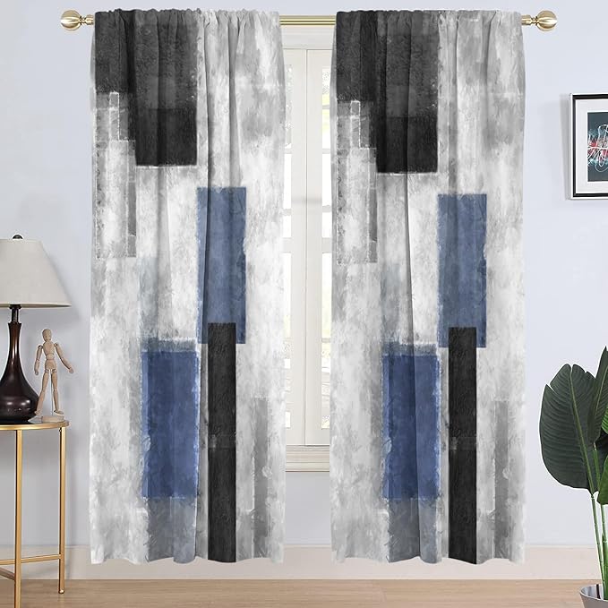 AAtter Blue Black Grey Window Curtain Navy White Gray Abstract Geometric Art Aesthetic Minimalist Boys Mens Long Wide Living Room Bedroom Drapes Treatment Fabric 1 Pair, 52" W x 84" L, Modern