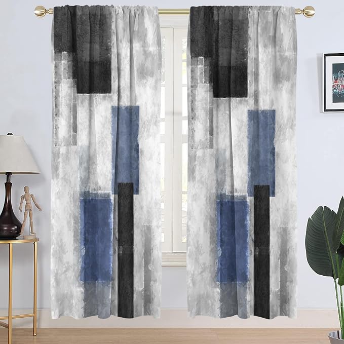 AAtter Blue Black Grey Window Curtain Navy White Gray Abstract Geometric Art Aesthetic Minimalist Boys Mens Long Living Room Bedroom Drapes Treatment Fabric 1 Pair Home Decor, 42" W x 84" L, Modern