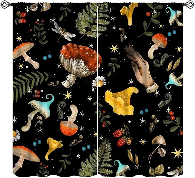 Retro Mushroom Curtains, Boho Rustic Vintage Botanical Mushroom Gothic Witch Wildflower Plant Print Blackout Window Treatments for Living Room Bedroom Kitchen 63x63in