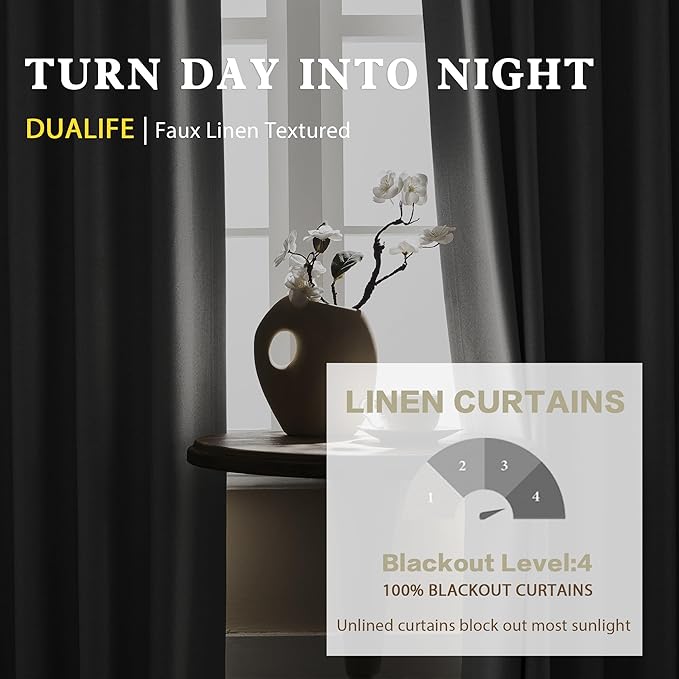 DUALIFE 100% Linen Blackout Curtains for Ceiling Track System Back Tab, Loop Pocket Curtains 84 Inch Wide Pinch Pleated Drapes for Patio Sliding Glass Door, Greyish White,W84x L96, 2 Panels